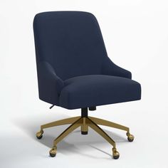 a blue office chair sitting on top of a white floor