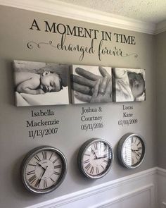 three clocks are hanging on the wall in front of two pictures and one is saying a moment in time changed forever