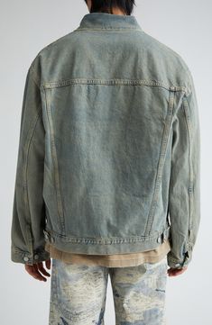 A faded wash and light distressing bring an instant lived-in look to this trucker jacket crafted in an oversized fit from nonstretch denim. 26" length (size XX-Small/X-Small) Front button closure Spread collar Button cuffs Chest button-flap patch pockets; front welt pockets Adjustable button side tabs 100% cotton Machine wash, tumble dry Made in Italy Designer Clothing Distressed Washed Blue Denim Jacket, Washed Blue Distressed Denim Jacket, Stonewashed Relaxed Fit Denim Jacket, Medium Wash Relaxed Fit Rigid Denim Outerwear, Relaxed Fit Acid Wash Outerwear, Faded Relaxed Fit Denim Jacket For Spring, Relaxed Fit Blue Denim Outerwear, Spring Faded Relaxed Fit Denim Jacket, Relaxed Fit Faded Washed Outerwear