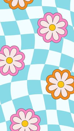 an image of colorful flowers on blue and white checkered background