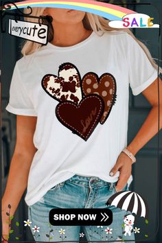 White Valentine's Western Fashion Day Heart Print T-shirt White Short Sleeve T-shirt With Heart Print, White Casual T-shirt For Valentine's Day, Cute White T-shirt With Heart Graphic, White Short Sleeve Tops With Heart Print, White Graphic Tee With Heart Print, White Short Sleeve Shirt With Heart Graphic, White Short Sleeve Shirt With Heart Print, White T-shirt With Heart Graphic For Valentine's Day, White Tops With Heart Graphic For Valentine's Day