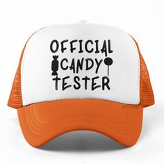 New Hat. For Men Or Women. Official Candy Tester Graphic Foam Trucker Hat In Orange And White. Lightweight Poly-Foam Trucker Cap With Mesh Back Curved Bill Visor For Optimal Shading Adjustable Plastic Snap Strap Rope Braid Detail Adult Unisex One Size Fits Head Circumferences Up To 60cm Style Tags # Funny Halloween Season Trick Or Treat Fun Job Title Costume Baseball Hat Cap Vacation Travel Hot Weather Guys Mens Womens Teens Casual Outdoors Original Custom Cool Unique Handmade Trendy Active Big Leather Beret, Black Fascinator, Couture Hats, Stocking Hat, White Beanies, Rope Braid, Logo Knit, Wool Berets, Hat For Men