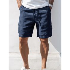 Season:Spring  Summer; Fabric:40% Linen; Gender:Men's; Style:Casual,Classic; Occasion:Going out,Daily,Vacation; Fit Type:Regular Fit; Function:Breathable,Comfortable; Waistline:Mid Waist; Pattern:Plain; Design:Elastic Waist,Drawstring,Pocket; Pants Type:Summer Shorts,Linen Shorts,Shorts; Fly Type:Button,Zipper; Front page:FF; Listing Date:02/23/2024; Production mode:External procurement; Hips:; Length:; Waist:; Pants Length:Short Solid Color Summer Cargo Shorts For Outdoor, Leisure Shorts With Pockets For Beach Season, Outdoor Bottoms With Pockets For Beach Season, Blue Solid Color Shorts For Vacation, Blue Shorts For Vacation, Blue Cargo Shorts For Summer, Summer Beach Bottoms With Cargo Pockets, Blue Cargo Shorts With Pockets For Summer, Beach Cargo Shorts For Summer