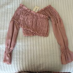 Never Worn! Fall Off-shoulder Ruched Blouse, Off-shoulder Ruched Blouse For Fall, Chic Pink Crop Top For Fall, Chic Stretch Smocked Top For Spring, Chic Ruched Crop Top For Fall, Trendy Ruched Blouse, Fitted Crop Top For Fall Brunch, Fitted Crop Top For Brunch In Fall, Chic Fitted Off-shoulder Smocked Top