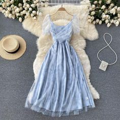 Fabric: blendedColor: blueSize(cm): S, M, LS length 118 bust 85 waist 66M length 119 bust 89 waist 70L length 120 bust 93 waist 74 Short A Line Dress, Blue Colour Dress, Clothing Wishlist, Blue Dress Short, Stylish Wedding Dresses, Clothing Art, Aesthetic Dress, Marine Uniform, Casual Party Dresses