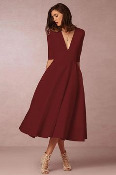 Charming A-line midi dress with half sleeves and a deep V-neckline. Designed for a graceful and feminine look. Details: Neckline: V-Neck Decoration: Folds Material: Polyester Closure Type: Pullover Waistline: Natural Tato Setengah Lengan, Garden Party Dresses, Prom Dresses Burgundy, Plunge Midi Dress, Midi Party Dress, Gaun Fashion, Elegant Midi Dresses, A Line Prom Dresses, Half Sleeve Dresses