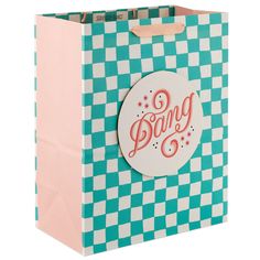 a green and white checkered shopping bag with the word bong on it's side