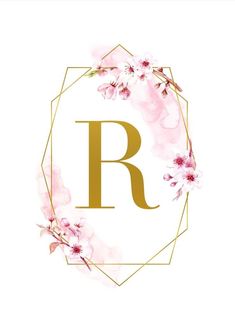 the letter r is surrounded by pink flowers and gold geometric frame on a white background