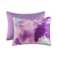 two pillows with purple and green designs on them