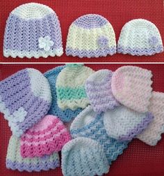 crocheted hats and mittens are shown in different colors