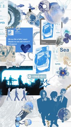 the collage is made up of blue and white images