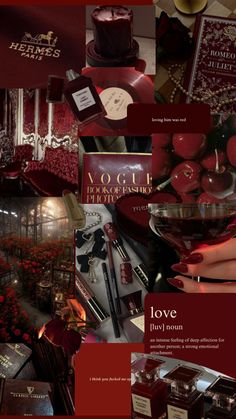 the collage shows many different items in red and black colors, including candles, lipsticks, perfume bottles, and other decorative objects