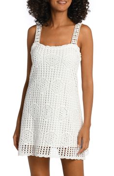 A tonal lining makes this crochet-inspired cover-up dress opaque so you can relax by the water with full confidence. 38" length (size large) Square neck Sleeveless 100% cotton Hand wash, line dry Imported lined Chic Crochet Trim Dress For Beach, Chic Crochet Trim Dress For Beach Cover-up, Vacation Crochet Lace Dress With Open Knit, Elegant Crochet Top For Beach, White Crochet Trim Beachwear Dress, Elegant Crochet Lace Dress For The Beach, White Lace Crochet Dress For Beachwear, Elegant Crochet Trim Top For Beach, Chic Crochet Lace Dress For Beach