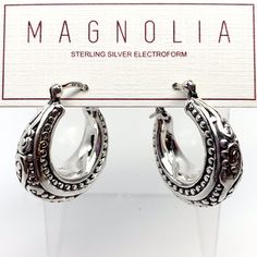 Gorgeous Magnolia 925 Sterling Silver Hoops Earrings. * 925 Sterling Silver * Weight: 8 Grams * Size (Approx.): 25 Mm X 10 Mm * Sterling Silver Electroform * Brand New With Tag * Made In Thailand Thank You For Your Business. Elegant Hoop Earrings Stamped 925, Sterling Silver Clasp Earrings For Anniversary, Elegant Sterling Silver Hoop Earrings Stamped 925, Elegant Stamped 925 Hoop Earrings For Formal Occasions, Silver Earrings With Sterling Silver Clasp For Anniversary, Elegant Formal Hoop Earrings Stamped 925, Formal Silver Hoop Earrings Stamped 925, Classic Hoop Earrings Stamped 925 For Anniversary, Sterling Silver Hoop Earrings Stamped 925