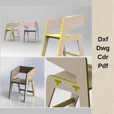 four different types of chairs and tables made out of plywood, with text overlaying them