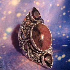 Show Stopper Beautiful Rhodonite And Faceted Garnets Set In Intricate Silver Setting, Stamped 925, Handmade, Brand New, Never Worn Garnet Multi-stone Jewelry For Gifts, Handmade Brand, Garnet Ring, 7 Rings, Garnet Rings, Womens Jewelry Rings, Ring Set, Ring Sets, Silver Color