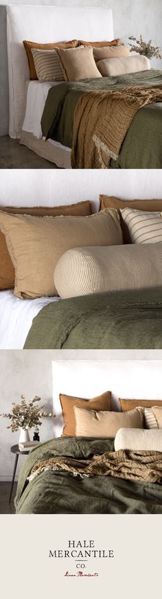 three different views of a bed with pillows and blankets