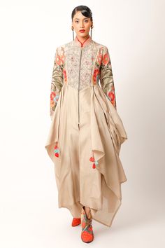 Shop for Jajaabor Beige Silk Chanderi Foliage Embroidered Asymmetric Kurta And Pant Set for Women Online at Aza Fashions Beige Kurta, Asymmetric Kurta, Kurta Pant Set, Fancy Kurti, Indo Western Dress, Beige Silk, Straight Fit Pants, Pant Set For Women, New Cut