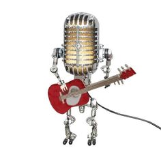 a microphone with a red guitar attached to it's neck and legs, on a white background