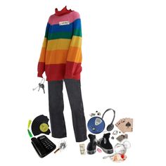 a woman's clothing and accessories are arranged in the shape of a rainbow sweater