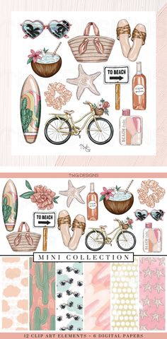 a pink and white poster with various items on it, including a bicycle, flowers, shells