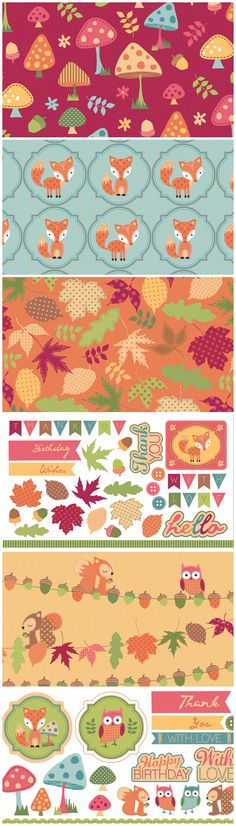 an assortment of different patterns and colors on the side of a sheet of paper with leaves