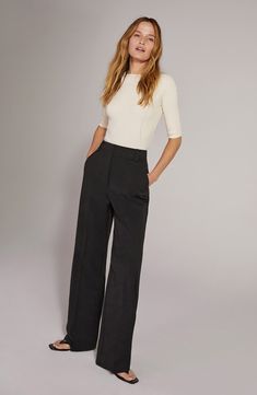 Polish off your ensemble in these stretch-kissed wide-leg pants featuring convenient pockets and a chic high rise. 34" inseam; 25" leg opening; 15" front rise; 19" back rise (size 18) Zip fly with hook-and-bar closure Front slant pockets; back welt pockets 63% polyester, 32% rayon, 5% spandex Machine wash, tumble dry Imported Flat Front Pants Women, Slacks Outfit, Wedding Fits, Curated Wardrobe, Summer Business Casual Outfits, Vision 2024, Casual Work Outfits Women, Business Casual Summer, Wardrobe Refresh