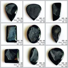 the different shapes and sizes of black glass pebbles are shown in this chart, which shows them