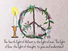 a peace sign with a candle in the middle and flowers around it on a piece of paper