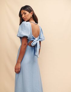 Blue Balloon Sleeve Zola Midi Dress | Nobody's Child Knee-length Maxi Dress For Brunch With Tie Back, Knee-length Maxi Dress With Tie Back For Brunch, V-neck Cotton Dress With Tie Back, Cotton V-neck Dress With Tie Back, Short Sleeve Maxi Dress With Tie Back For Brunch, Puff Sleeve Dresses With Tie Back For Brunch, Puff Sleeve Dress With Tie Back For Brunch, Elegant Puff Sleeve Dress For Vacation, Knee-length Tie-back Daywear Dress