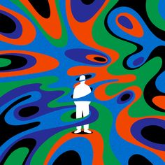 a person standing in front of an abstract background with blue, green, orange and red swirls