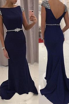 Navy Prom Dress Long, Cap Sleeve Prom Dress, Gown Mermaid, Evening Dress Beaded, Backless Evening Gowns, Navy Prom Dresses, Mode Glamour, Graduation Party Dresses, Mermaid Prom Dress