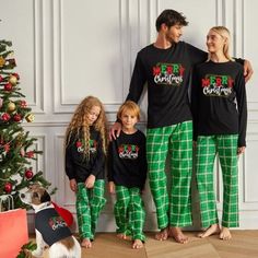 "You'll love these classic \"Merry Christmas\" family-matching Christmas pajamas with dog shirts. They're bright and cheerful and great for the upcoming Holidays. Each pajama set comes with a long-sleeved black shirt and red or green plaid pajama pants. Grab a shirt for your pet too! PET SIZES RUN SMALL. IT'S HIGHLY RECOMMENDED TO SIZE UP. You can wear these pajamas for: - pictures - Christmas card photos - profile pics - gifts - Christmas morning - Holiday parties Sizing: Youth Small is 5-6 You Matching Christmas Pajamas Family, Family With Dog, Christmas Pajamas Matching, Monogrammed Pajamas, Pajamas Matching, Funny Pajamas, Merry Christmas Family, Matching Family Christmas Pajamas, Photo Opportunity