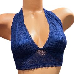 Victoria’s Secret Lace Halter Bralette Unlined No Padding /No Wire Blue Back Closure Size : Medium Fits 34c 34d 36b New With Tags Price Is Firm Unless You Bundle With Other Items 100% Authentic Blue Bra-friendly Triangle Top, Fitted Blue Halter Top With Built-in Bra, Blue Triangle Top Bra Friendly Tops, Victoria's Secret Stretch Blue Bra, Blue Halter Neck Tops With Built-in Bra, Elegant Blue Summer Bra, Victoria's Secret Blue Summer Bra, Victoria's Secret Blue Party Top, Womens Black Tshirt