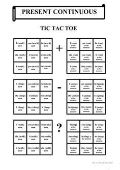 the tic toe and present continuous continuous words worksheet is shown in this diagram