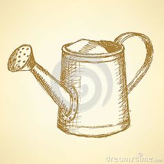 a watering can with a spoon on the handle, hand drawn illustration stock photo - image