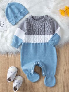 Baby Boy Contrast Color Cable Knit Sweater Romper & Hat Set Multicolor   Long Sleeve  Colorblock Jumpsuit Slight Stretch  Baby Boys Clothing, size features are:Bust: ,Length: ,Sleeve Length: Baby Knitting Patterns Free Newborn, Knitted Jumpsuit, Crochet Baby Projects, Boys Knit Sweaters, Baby Boy Sweater, Baby Booties Knitting Pattern, Crochet Romper, Pull Bebe, Baby Sweater Knitting Pattern