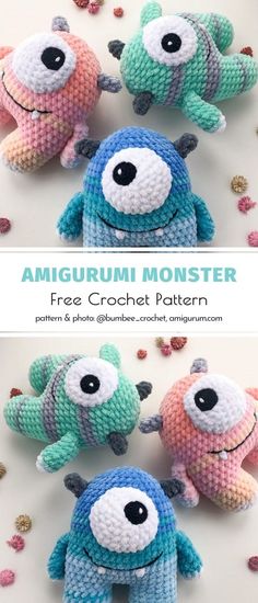 three crocheted stuffed animals with eyes on them