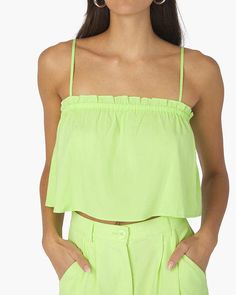 Ruffle Cami Top Sharp Green, Tops Blouses by We Wore What | LIT Boutique Ruffle Cami Top, Bright Green Color, We Wore What, Polka Dot Crop Top, Pleated Pant, Denim Crop Top, Knit Outerwear, Straight Neckline, Summer Fits