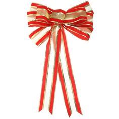 a red and white bow with gold stripes