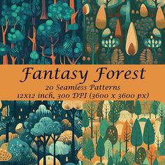 fantasy forest seamless patterns with trees, bushes and other things in the background for example