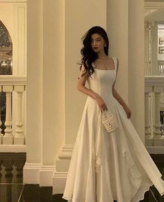 Square Neck White Asymmetric A-Line Long Evening Dress Formal Dresses Old Money, Pretty Dresses Casual Simple Long, White Dress Aesthetic Party, Formal Outfits Aesthetic Dress, Kpop Formal Dress, Fancy Girl Outfits, Elegant Old Money Prom Dress, Fancy Clothes Aesthetic, Prom Dress Basic