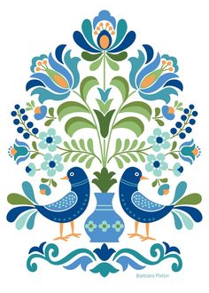 two birds sitting on top of a vase with flowers in the middle and leaves around it