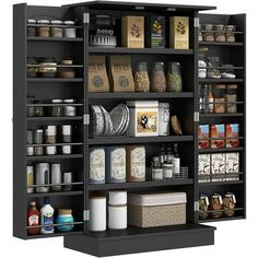 an open pantry shelving unit with lots of food items on the shelves and baskets