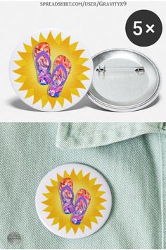 two buttons with the image of flip flops and sunburst on them are shown