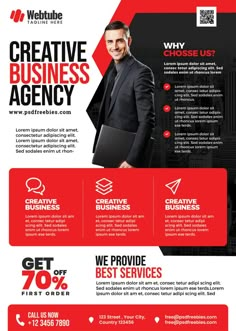 a red and black business flyer with a man in a suit holding a laptop computer