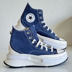 Converse Run Star Legacy Platform Hi Top In A Navy Blue Canvas. Condition: New Size: Women's 8.5 = Men's 7 Color: Navy/Black/Egret Style Code: A04367c Don't Let A Little Rain Cramp Your Style. The Run Star Legacy Cx Mixes Bold Platform Styling With Premium Comfort And Rain-Ready Details, Like A Waterproof Bootie And A Non-Wicking Canvas Upper. A Lightweight Cx Midsole And Sockliner Help Keep You Light On Your Feet, While Distorted Chuck Taylor Design Elements Keep Them Guessing. A Winged Tongue Blue Converse High-top Sneakers With Rubber Sole, Blue High-top Canvas Shoes With Rubber Sole, Blue Mid-top Converse Canvas Shoes, Blue Leather High-top Platform Sneakers, Blue Mid-top Canvas Shoes With Rubber Sole, Blue Platform Sneakers With Contrast Sole, Sporty Navy High-top Canvas Shoes, Blue High-top Custom Sneakers With Vulcanized Sole, Blue Converse Canvas High-top Sneakers