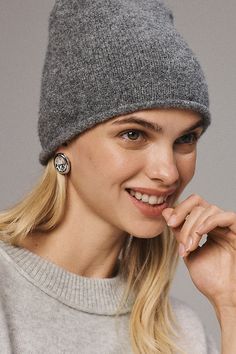 Our warmest wishes are equal parts cozy and chic. | Roll-Brim Beanie by Anthropologie in Grey, Women's, Polyester/Nylon/Wool Best Winter Hats, Warmest Wishes, White Beanies, Elegant Hats, Grey Beanie, Winter Hats For Women, Oval Pendant, Brim Hat, Grey Women