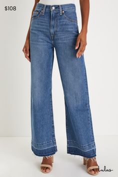 With a flattering high-rise and an ultra wide-leg design, the Levi's Ribcage Medium Wash Wide-Leg Raw Hem Denim Jeans are sure to be your favorite new jeans! Sturdy cotton denim (in Levi's She's a Cutie wash) shapes a high waist, belt loops, five-pocket cut and a hidden zip fly with top button closure. Fading and whiskering accents the wide legs as they fall to trendy, deconstructed raw hems. Fit: This garment fits true to size. Length: Floor length. Size 28 Inseam: 31.25 Front Rise: 12.00 Waist Levi's Ribcage, Levis Ribcage, Lulu Fashion, Ultra Wide, Hot Iron, Leg Design, Rib Cage, Wide Legs, Personal Marketing