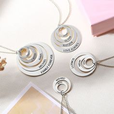 Stacked disc necklace for mom - Symbolizing a deep bond between family or friends, this stacked circle necklace is a great accessory for your mom, your sister, your friends, or just for you.Engraved names circle necklace  - Wear it and let their names close to your heart, so you can feel strong support and love from them even they are living far from you.Necklace with engraved name - These multi-stacked circles are each personalized with names or short phrases of your choice. Available in sterli Short Phrases, Necklace Chain Types, Circle Ring, Xiamen, Circle Necklace, Engraved Necklace, Your Mom, Love Necklace, Gold Plated Silver